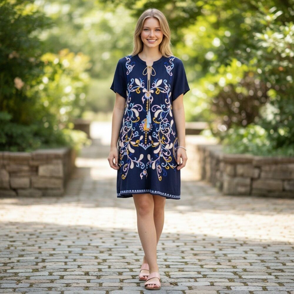 Skies Are Blue Theresa Embroidered Shift Dress Navy Blue Floral Boho Tassel L